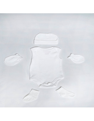 NEWBORN baby gift Set of Four White Sleeveless Onesie Pair of Gloves Pair of Socks Cotton Beanie